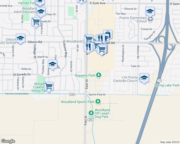 map of restaurants, bars, coffee shops, grocery stores, and more near 1579-1599 East Street in Woodland