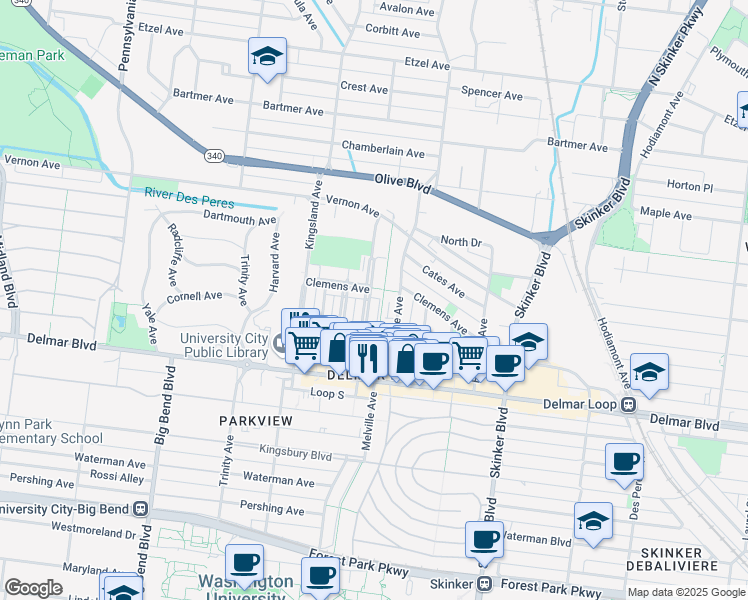 map of restaurants, bars, coffee shops, grocery stores, and more near 735 Leland Avenue in University City