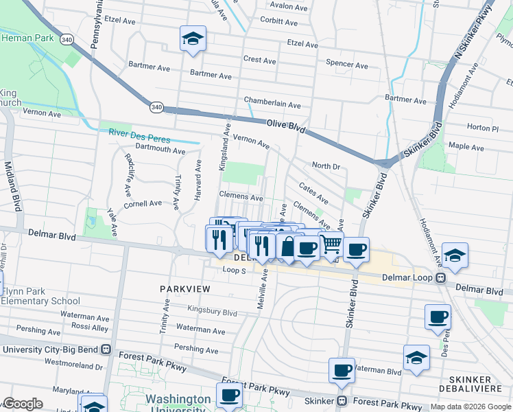map of restaurants, bars, coffee shops, grocery stores, and more near 735 Leland Avenue in University City