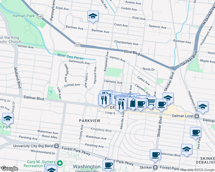 map of restaurants, bars, coffee shops, grocery stores, and more near 734 Syracuse Avenue in University City