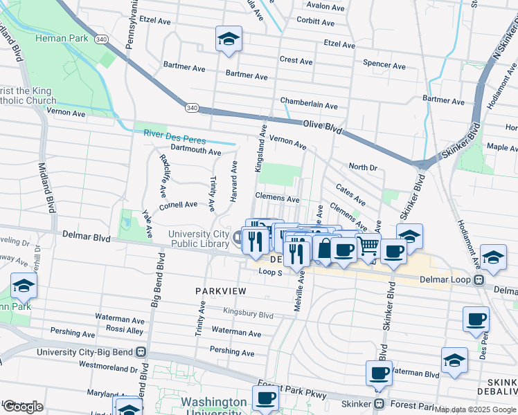 map of restaurants, bars, coffee shops, grocery stores, and more near 734 Syracuse Avenue in University City