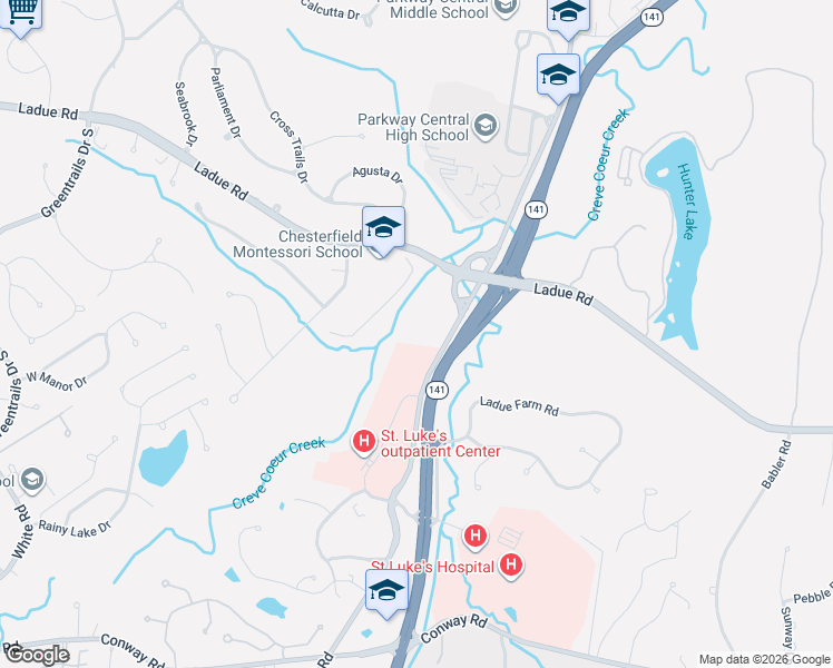 map of restaurants, bars, coffee shops, grocery stores, and more near 63 south woods mill road in Chesterfield