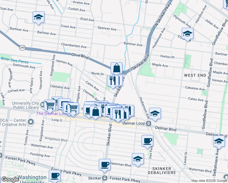 map of restaurants, bars, coffee shops, grocery stores, and more near 800 Skinker Boulevard in St. Louis