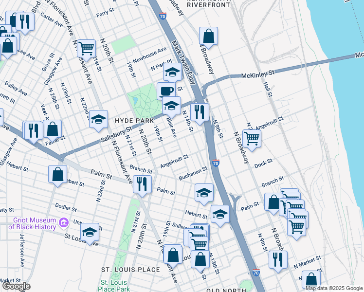 map of restaurants, bars, coffee shops, grocery stores, and more near 1515 Angelrodt Street in St. Louis