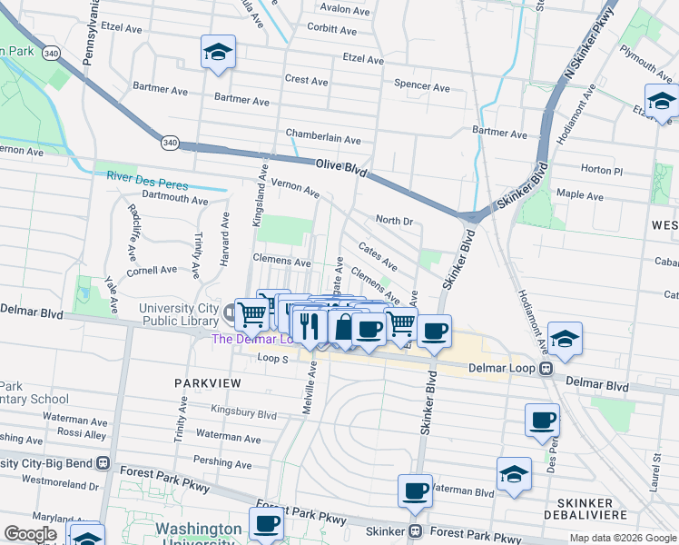 map of restaurants, bars, coffee shops, grocery stores, and more near 750 Westgate Avenue in St. Louis