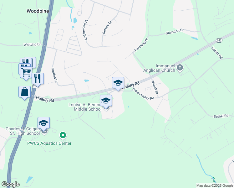 map of restaurants, bars, coffee shops, grocery stores, and more near 7405 Hoadly Road in Manassas