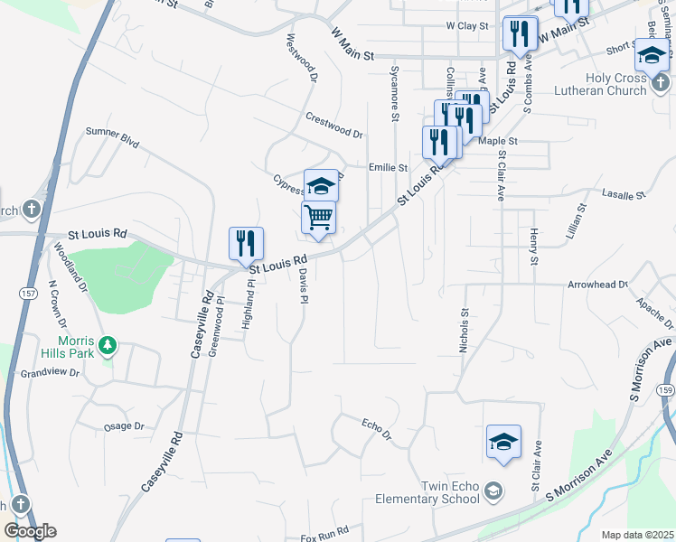 map of restaurants, bars, coffee shops, grocery stores, and more near 125 Helen Place in Collinsville