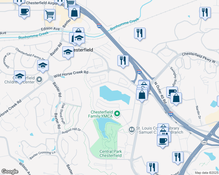 map of restaurants, bars, coffee shops, grocery stores, and more near 16524 Wild Horse Creek Road in Chesterfield
