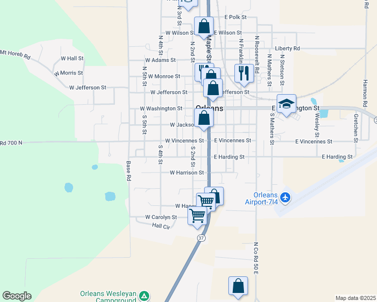 map of restaurants, bars, coffee shops, grocery stores, and more near 460 South 2nd Street in Orleans
