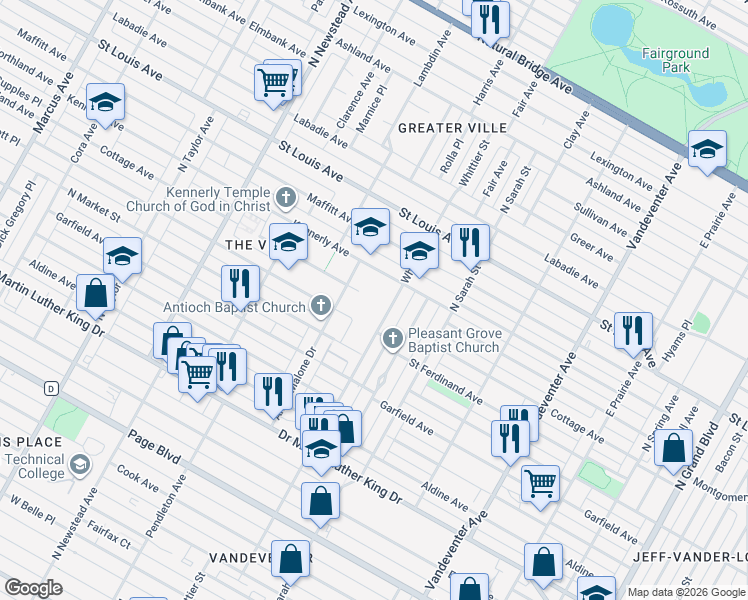 map of restaurants, bars, coffee shops, grocery stores, and more near 2601 Whittier Street in St. Louis