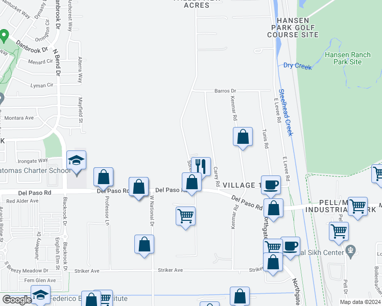 map of restaurants, bars, coffee shops, grocery stores, and more near 4900 Sorento Road in Sacramento