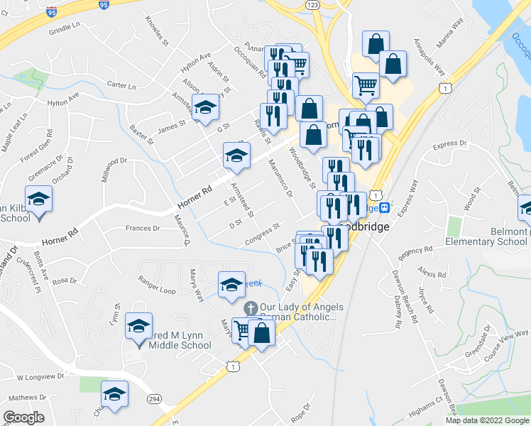 map of restaurants, bars, coffee shops, grocery stores, and more near 1309 D Street in Woodbridge