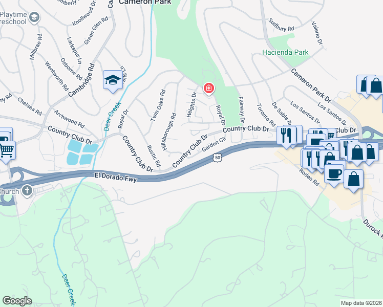 map of restaurants, bars, coffee shops, grocery stores, and more near 3072 Cedarhurst Court in Cameron Park