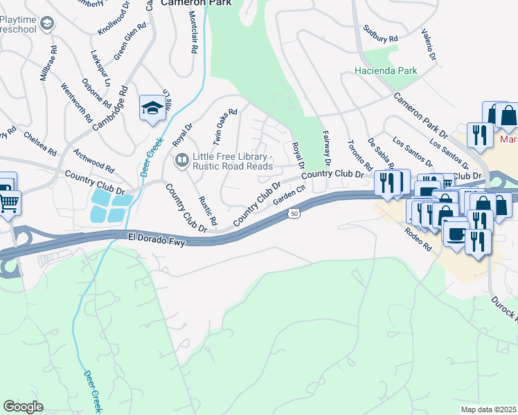 map of restaurants, bars, coffee shops, grocery stores, and more near 3072 Cedarhurst Court in Cameron Park