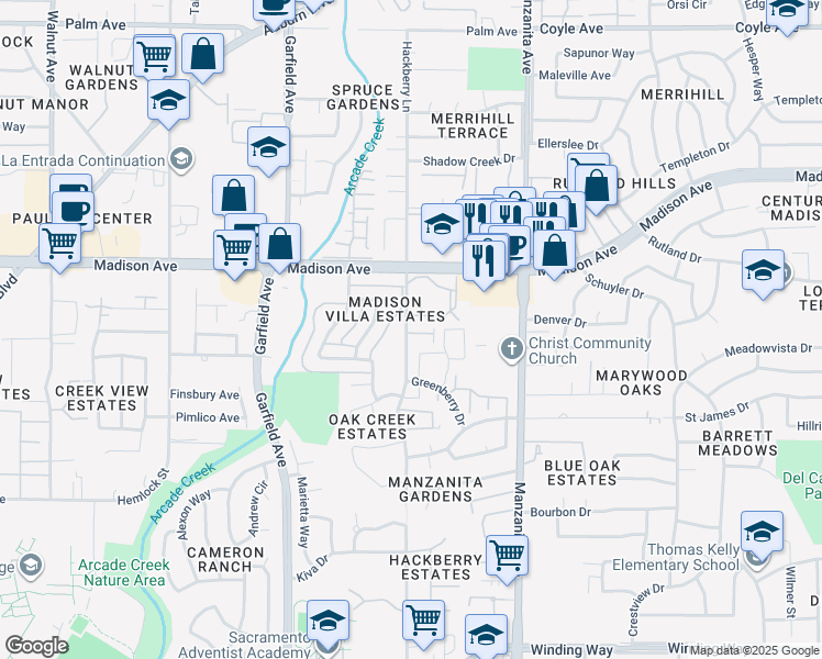 map of restaurants, bars, coffee shops, grocery stores, and more near 5701 Callie Lane in Sacramento