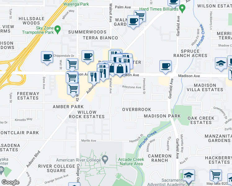 map of restaurants, bars, coffee shops, grocery stores, and more near 5052 Walnut Avenue in Sacramento