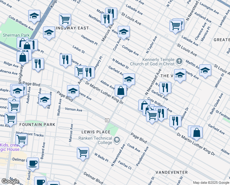 map of restaurants, bars, coffee shops, grocery stores, and more near 4551 Aldine Avenue in St. Louis