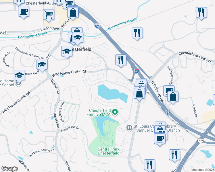 map of restaurants, bars, coffee shops, grocery stores, and more near 16524 Wild Horse Creek Road in Chesterfield
