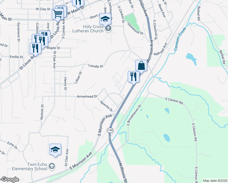 map of restaurants, bars, coffee shops, grocery stores, and more near 1106 Cherokee Street in Collinsville