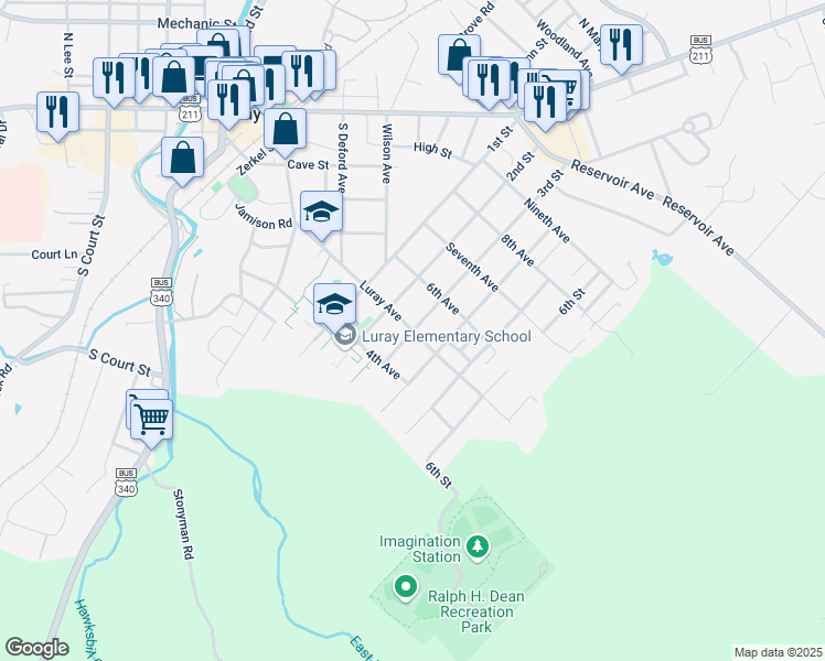 map of restaurants, bars, coffee shops, grocery stores, and more near Luray Avenue in Luray