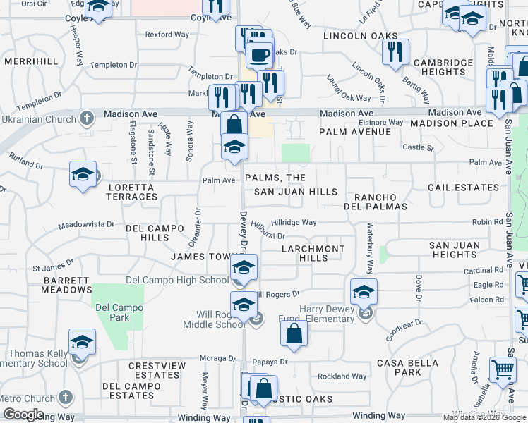 map of restaurants, bars, coffee shops, grocery stores, and more near 6721 Admiral Avenue in Fair Oaks