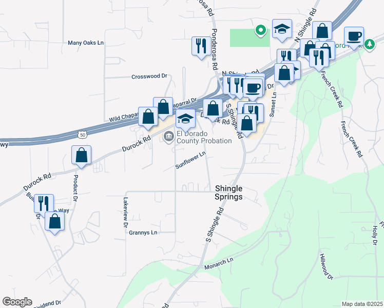 map of restaurants, bars, coffee shops, grocery stores, and more near 4045 Sunflower Lane in Shingle Springs