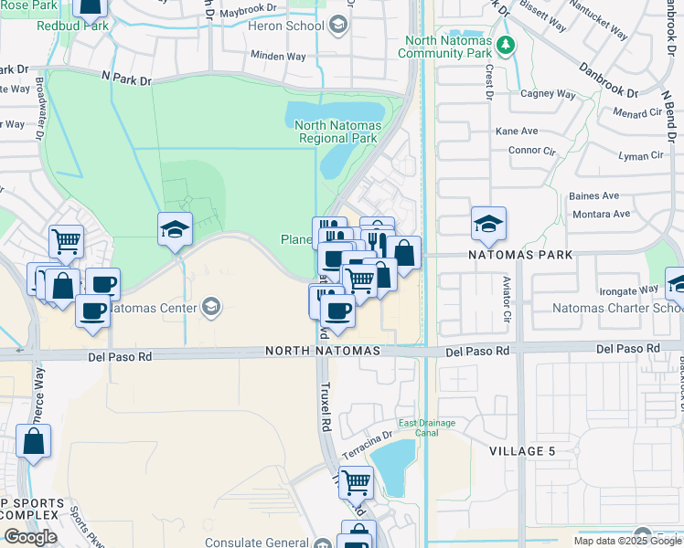 map of restaurants, bars, coffee shops, grocery stores, and more near 2240 North Bend Drive in Sacramento