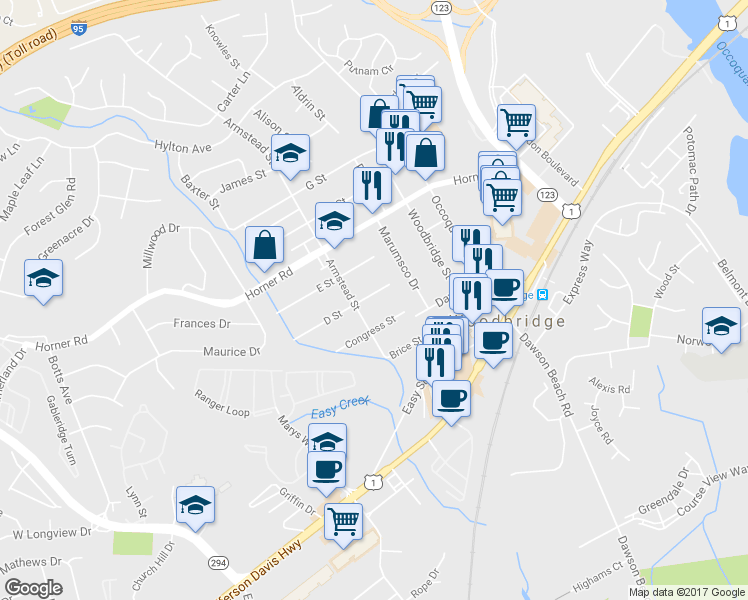map of restaurants, bars, coffee shops, grocery stores, and more near 1309 D Street in Woodbridge