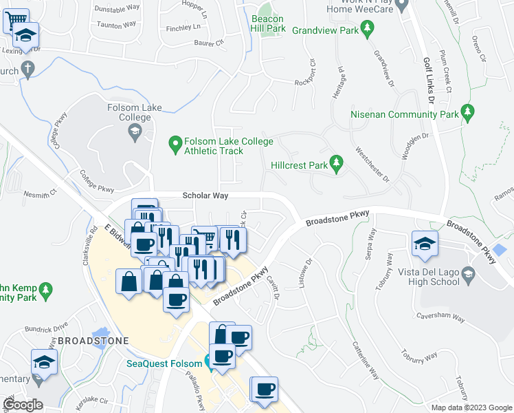 map of restaurants, bars, coffee shops, grocery stores, and more near 591 Hillswick Circle in Folsom