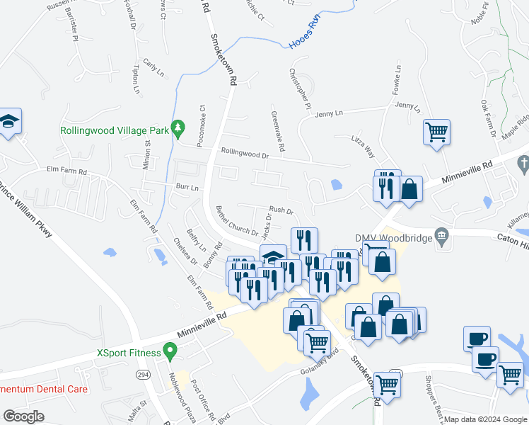 map of restaurants, bars, coffee shops, grocery stores, and more near 13600 Jacks Drive in Woodbridge