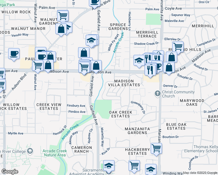 map of restaurants, bars, coffee shops, grocery stores, and more near 5173 Connecticut Drive in Sacramento
