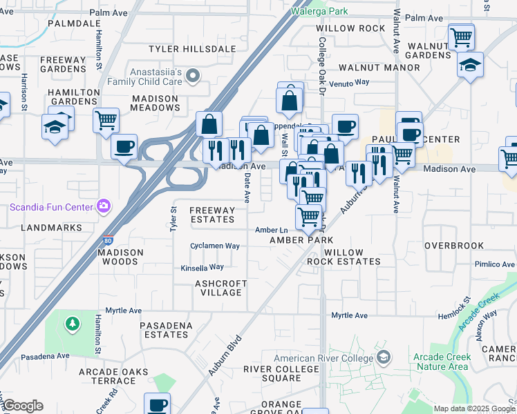 map of restaurants, bars, coffee shops, grocery stores, and more near 5120 Date Avenue in Sacramento