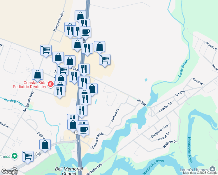 map of restaurants, bars, coffee shops, grocery stores, and more near 9327 Tharp Road in Seaford