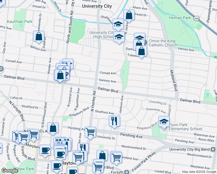 map of restaurants, bars, coffee shops, grocery stores, and more near 7464 Gannon Avenue in University City