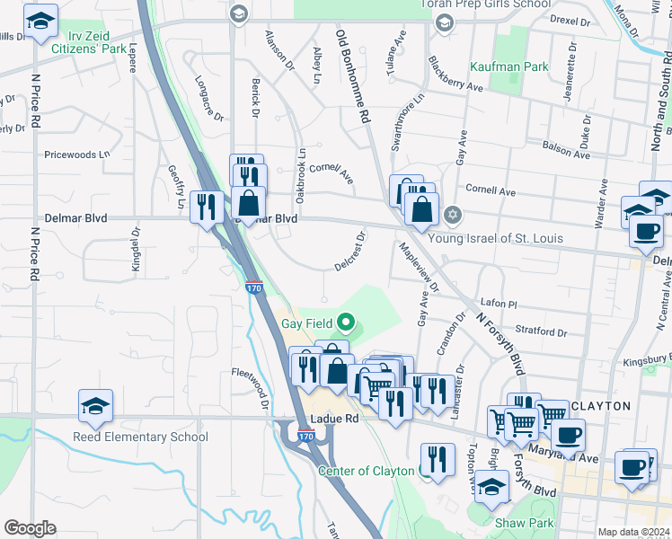 map of restaurants, bars, coffee shops, grocery stores, and more near 8331 Delcrest Drive in St. Louis