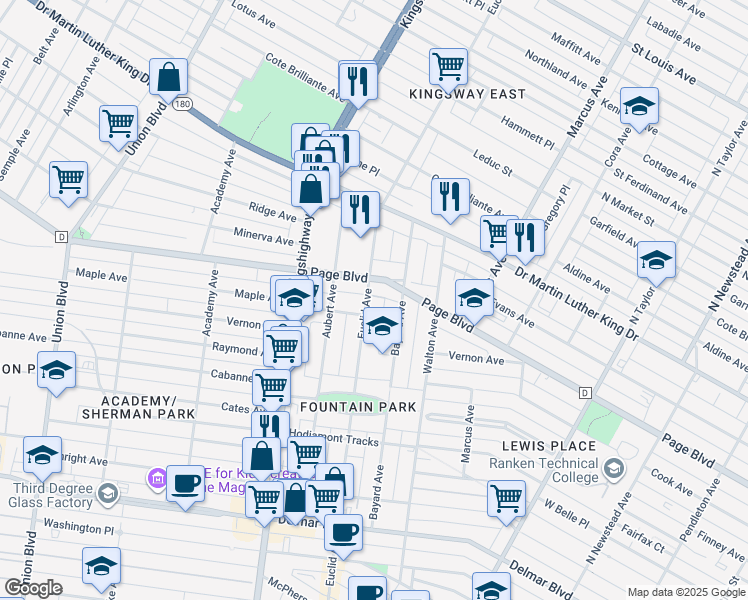 map of restaurants, bars, coffee shops, grocery stores, and more near 1254 North Euclid Avenue in St. Louis