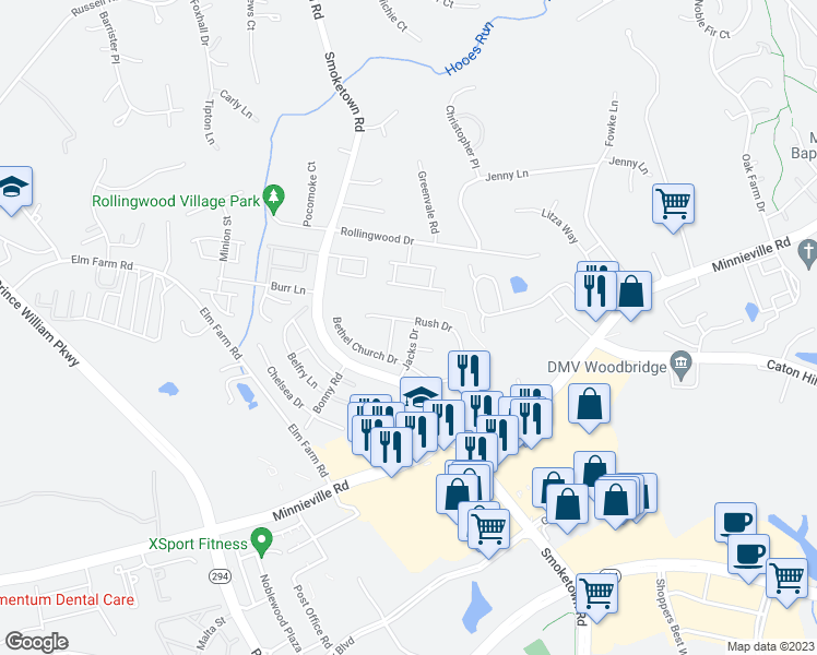 map of restaurants, bars, coffee shops, grocery stores, and more near 13600 Jacks Drive in Woodbridge