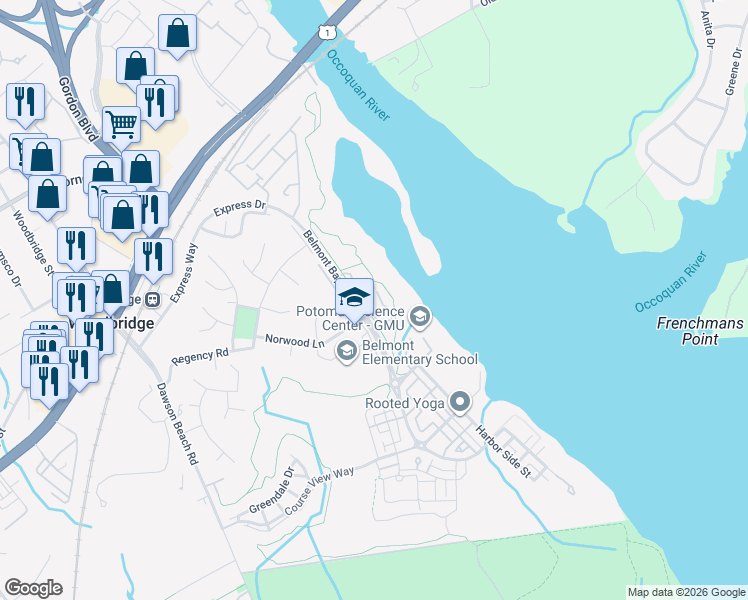 map of restaurants, bars, coffee shops, grocery stores, and more near 820 Belmont Bay Drive in Woodbridge