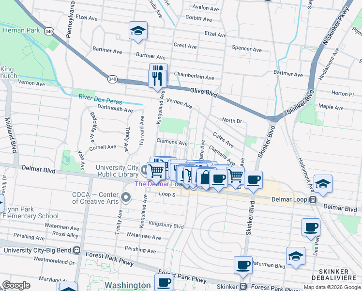 map of restaurants, bars, coffee shops, grocery stores, and more near 6609 Clemens Avenue in University City