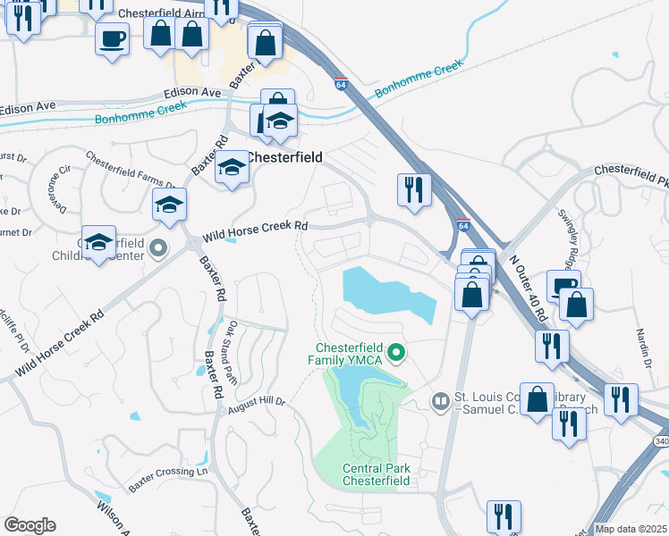 map of restaurants, bars, coffee shops, grocery stores, and more near 16570 Wild Horse Creek Road in Chesterfield