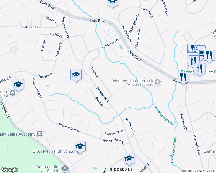 map of restaurants, bars, coffee shops, grocery stores, and more near 13501 Photo Drive in Woodbridge