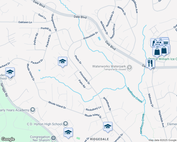 map of restaurants, bars, coffee shops, grocery stores, and more near 13501 Photo Drive in Woodbridge