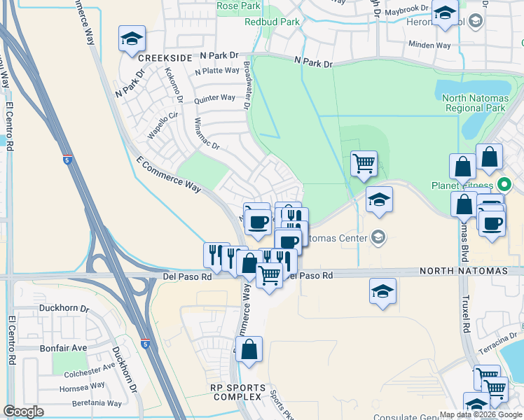 map of restaurants, bars, coffee shops, grocery stores, and more near Kokomo Drive & New Market Drive in Sacramento