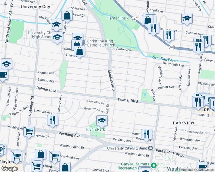 map of restaurants, bars, coffee shops, grocery stores, and more near 7200 Cornell Avenue in University City