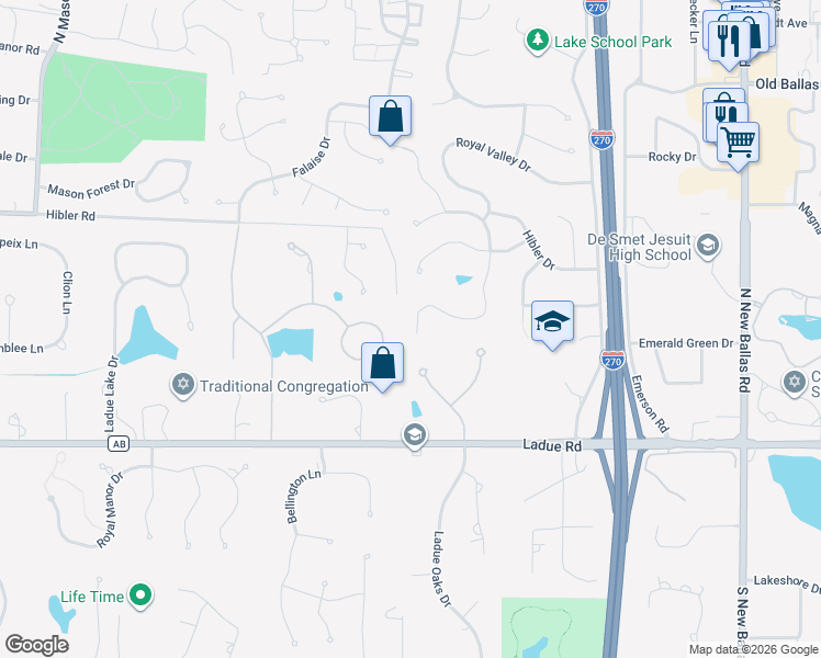 map of restaurants, bars, coffee shops, grocery stores, and more near 245 Kingshill Drive in Creve Coeur