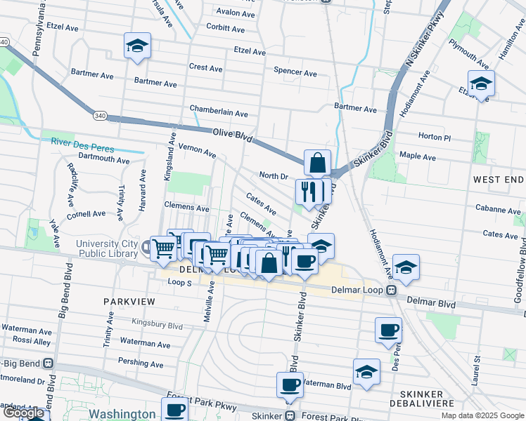 map of restaurants, bars, coffee shops, grocery stores, and more near 6301 Cates Avenue in University City