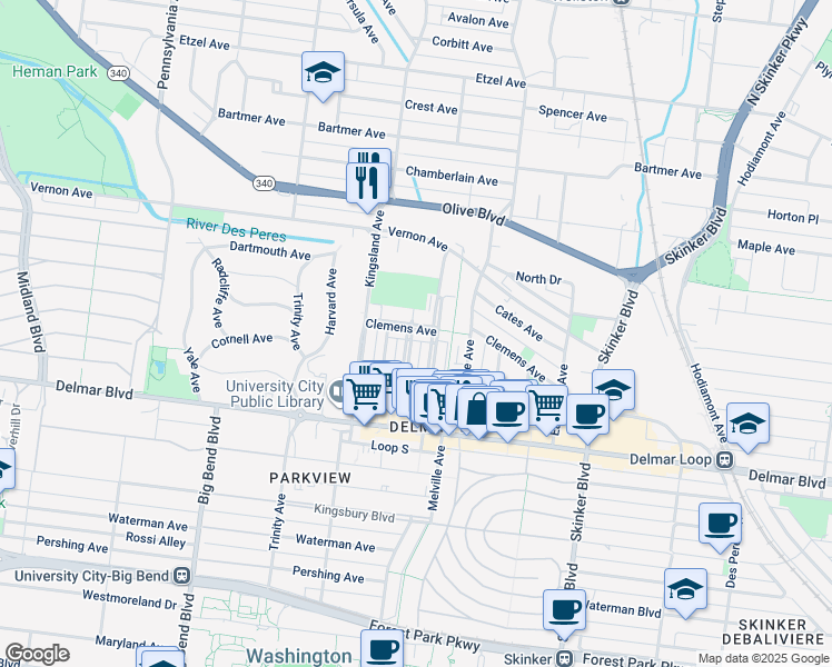 map of restaurants, bars, coffee shops, grocery stores, and more near 6609 Clemens Avenue in University City