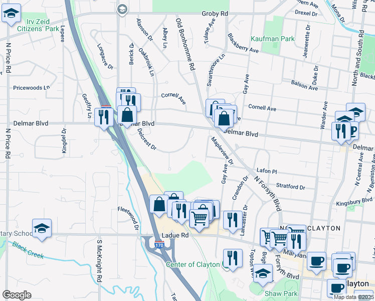 map of restaurants, bars, coffee shops, grocery stores, and more near 8320 Delcrest Drive in St. Louis