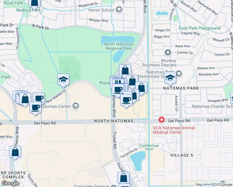 map of restaurants, bars, coffee shops, grocery stores, and more near 4740 Natomas Boulevard in Sacramento