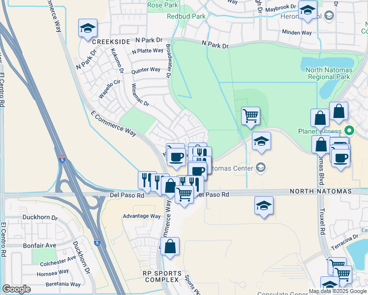 map of restaurants, bars, coffee shops, grocery stores, and more near 2811 New Market Drive in Sacramento